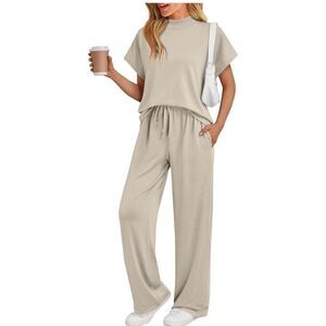 Women's Mock Neck 2 Piece Lounge Set Matching Summer Loose Fit Wide Leg Pants